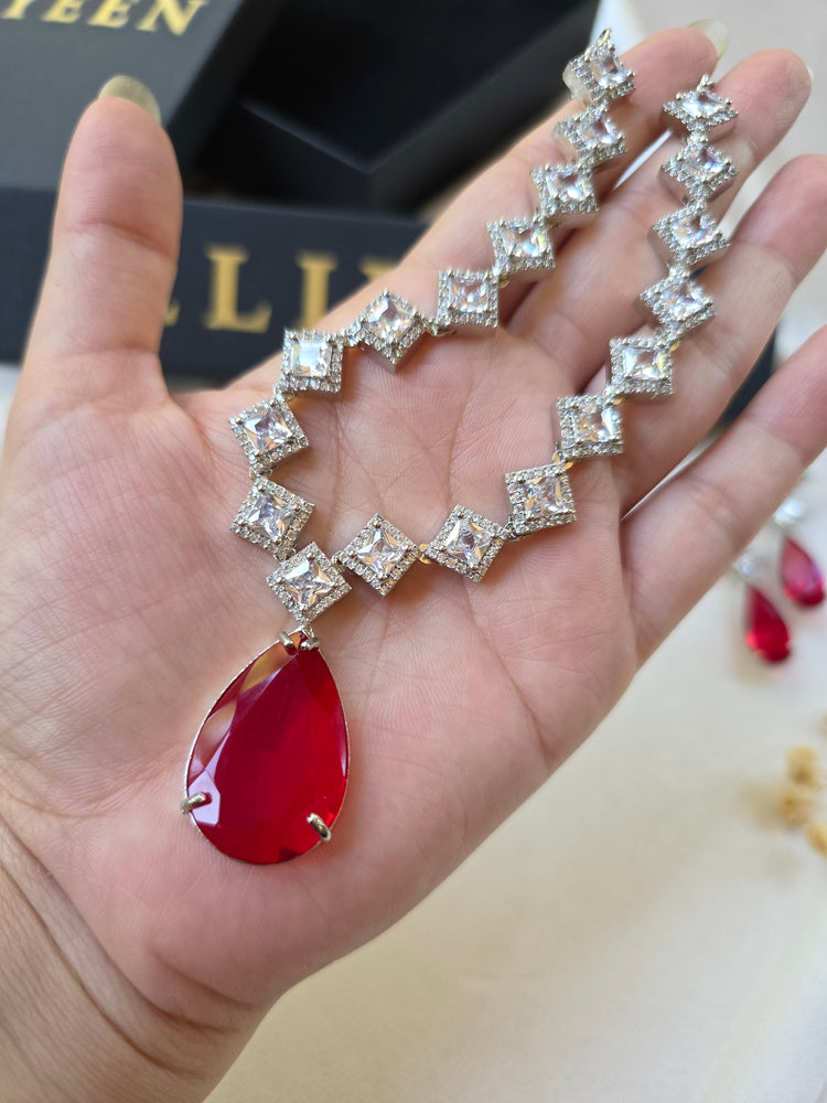 Deep Red Garnet Teardrop Necklace & Earrings Set — Mahi
