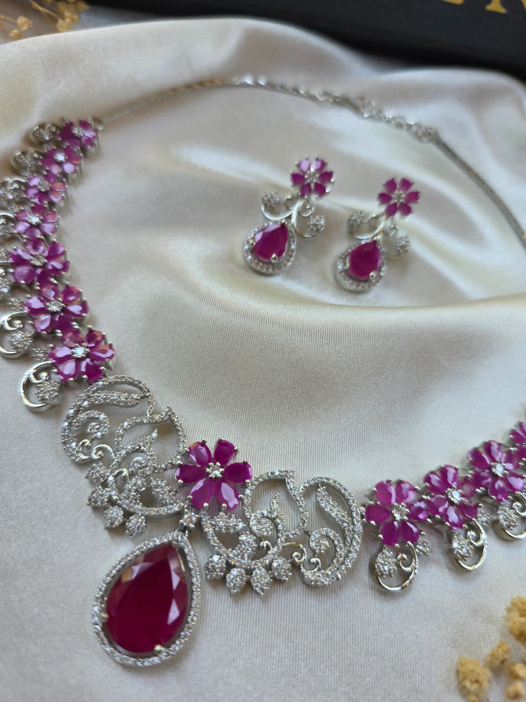 Soraya - Floral Gemstones Necklace Set With Earrings