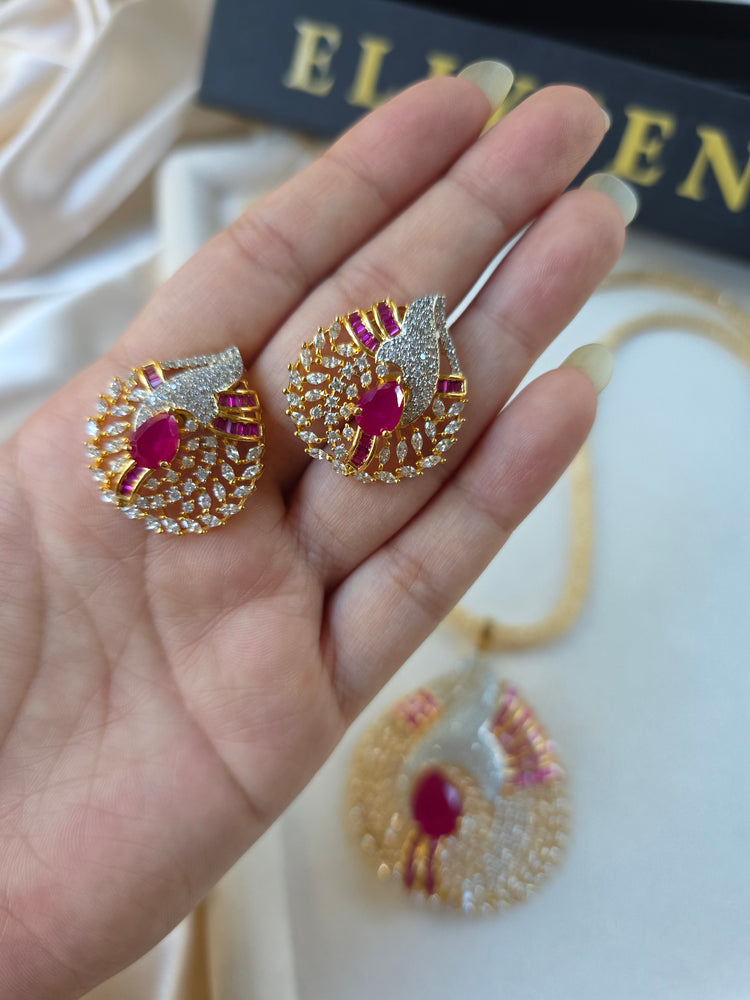 Gold Ruby/Emerald Statement Pendant Set With Earrings - Sila