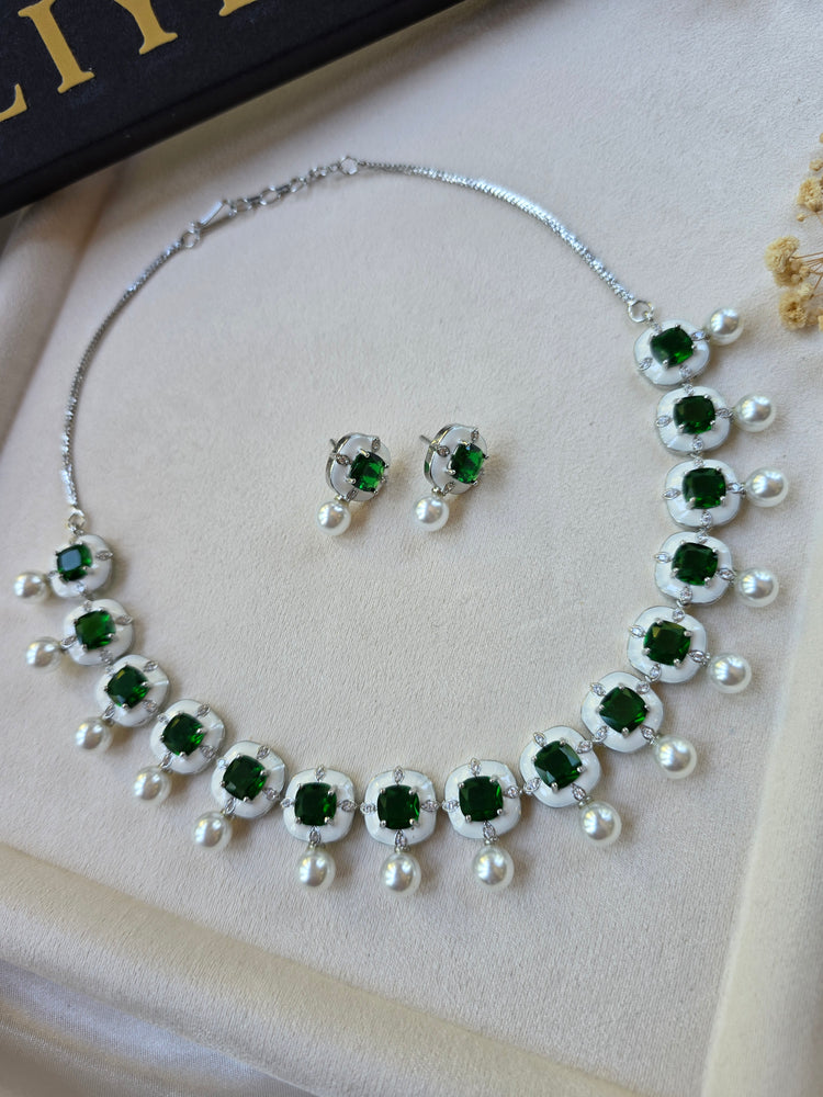 Emerald Green Enamel & Pearl Necklace Earrings Set — Rhea