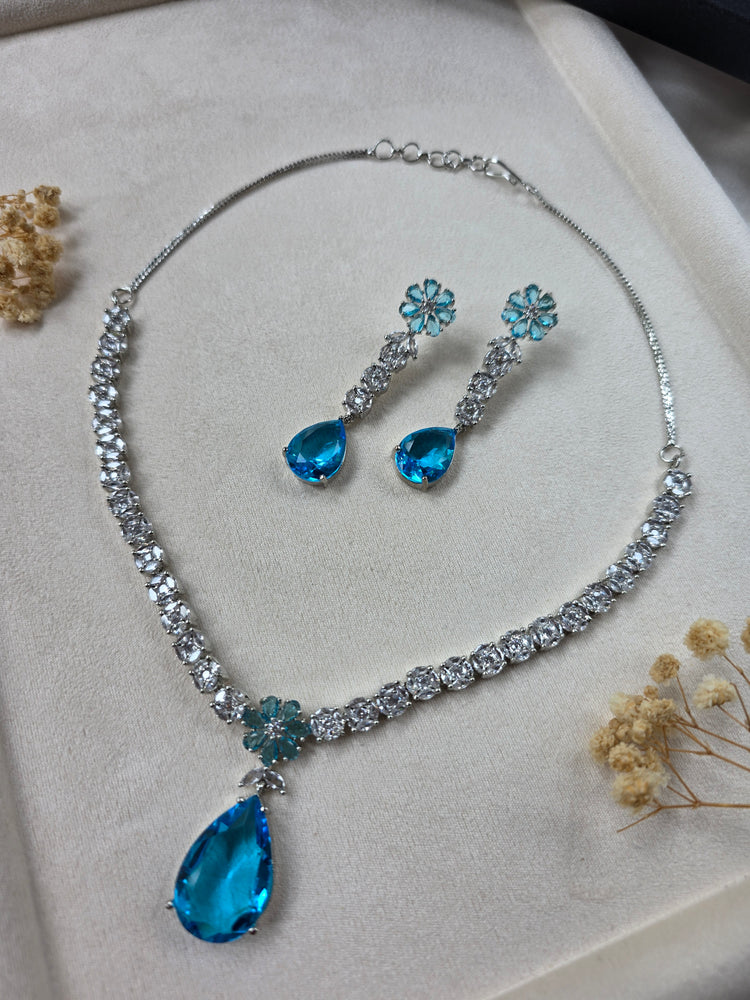Stunning Deep Aquamarine Necklace Set With Earrings - Elodie