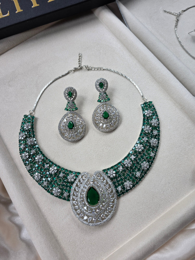 Bespoke Emerald Green Statement Necklace Set With Earrings — Maya