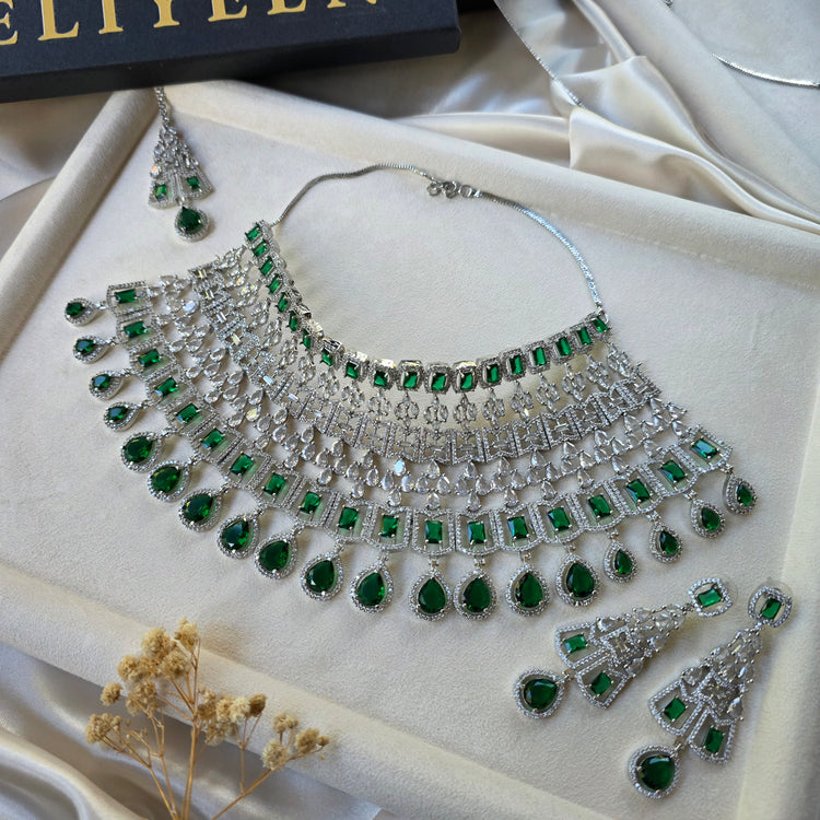 Aroush - Deep Emerald Green Necklace Set With Earrings