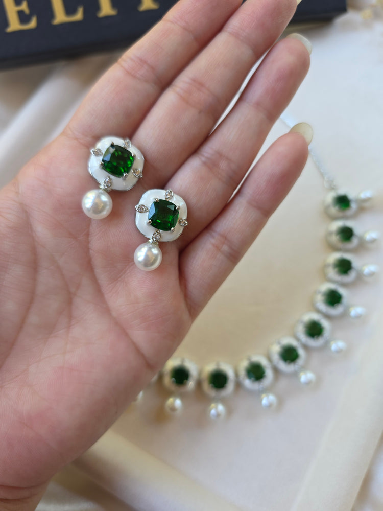 Emerald Green Enamel & Pearl Necklace Earrings Set — Rhea