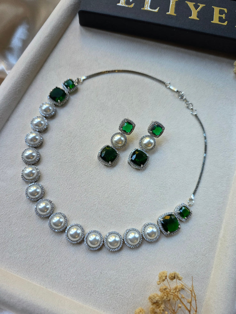 Emerald Green Pearl Necklace Earrings Set — Misba