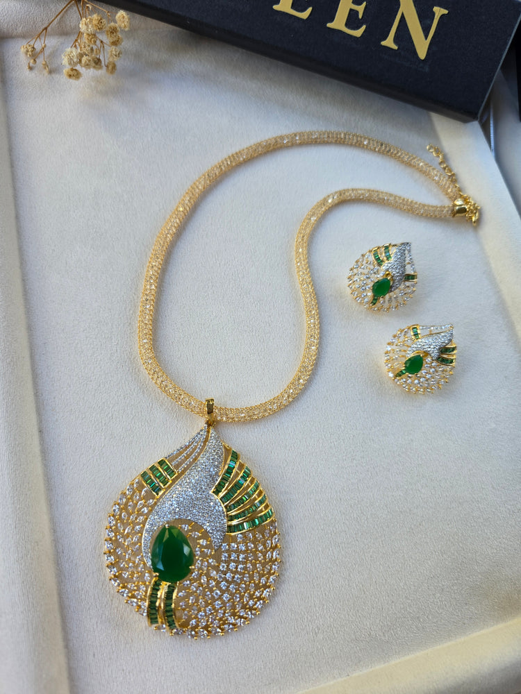 Gold Ruby/Emerald Statement Pendant Set With Earrings - Sila