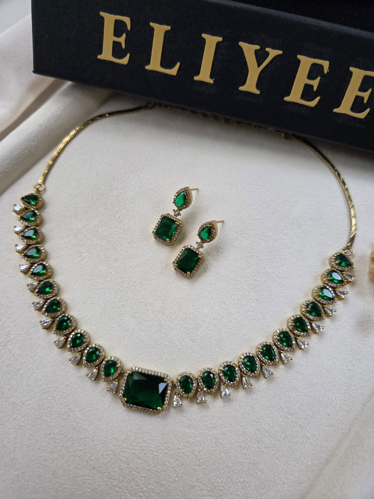 Richa - Gold Plated Emerald Green Necklace Set
