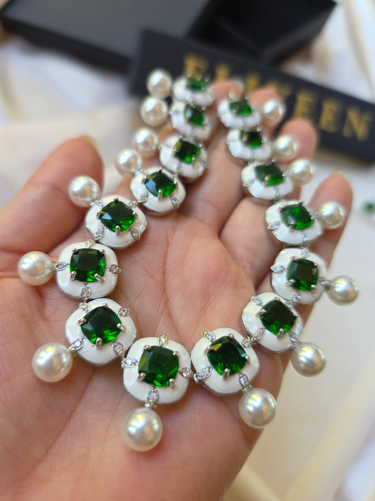 Emerald Green Enamel & Pearl Necklace Earrings Set — Rhea