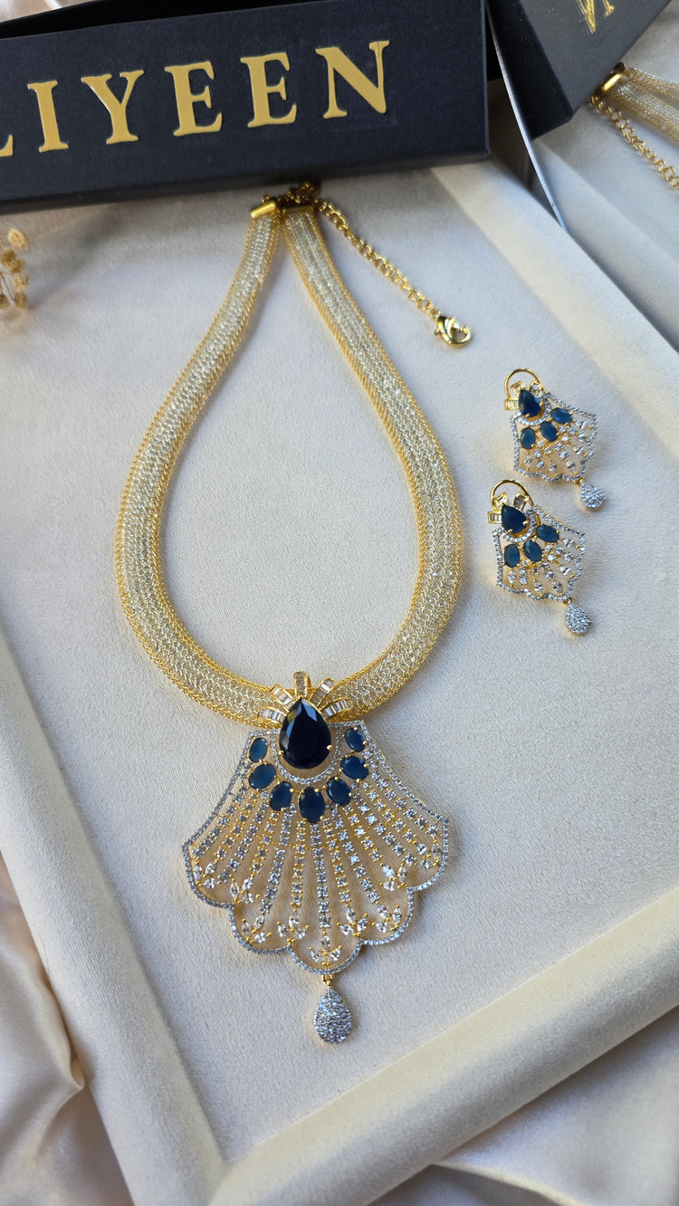 Gold Emerald/Sapphire Statement Pendant Set With Earrings - Prina