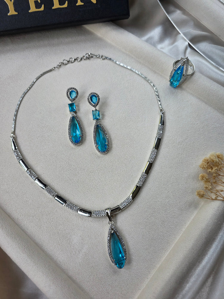 Beautiful Light Aquamarine Necklace Set With Earrings and Ring - Elif