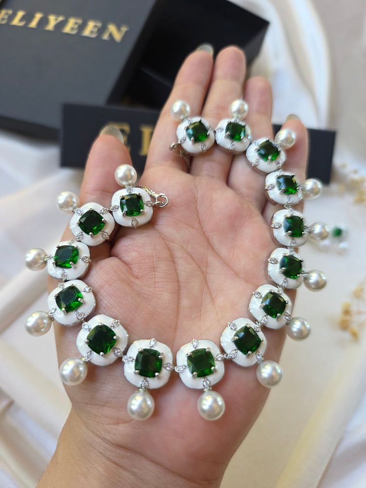 Emerald Green Enamel & Pearl Necklace Earrings Set — Rhea