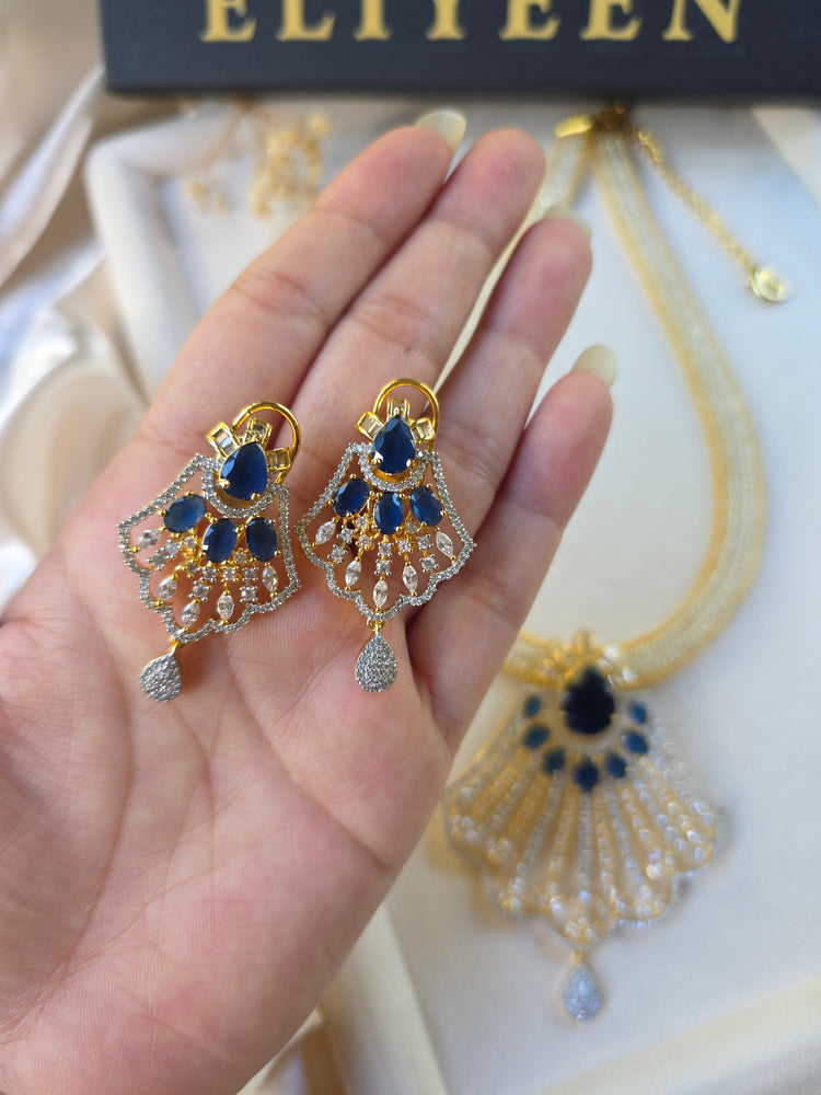 Gold Emerald/Sapphire Statement Pendant Set With Earrings - Prina