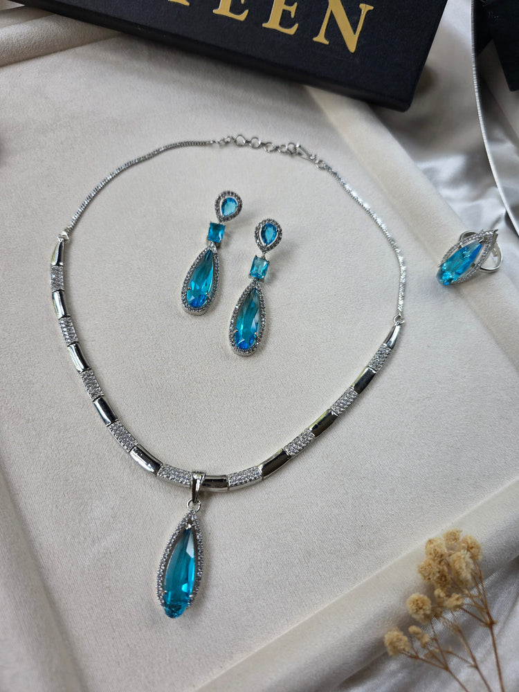 Beautiful Light Aquamarine Necklace Set With Earrings and Ring - Elif