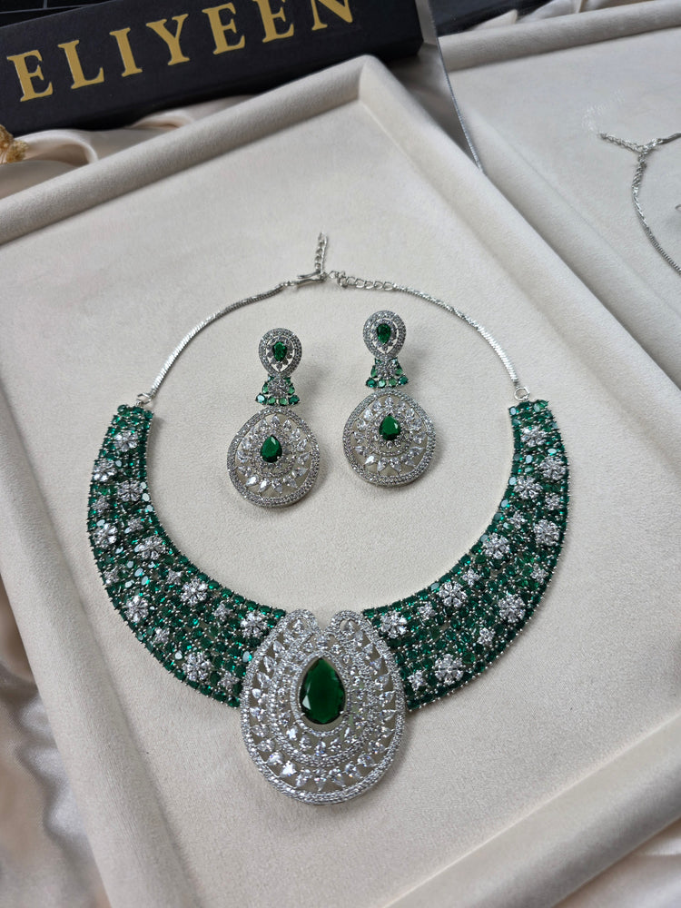 Bespoke Emerald Green Statement Necklace Set With Earrings — Maya