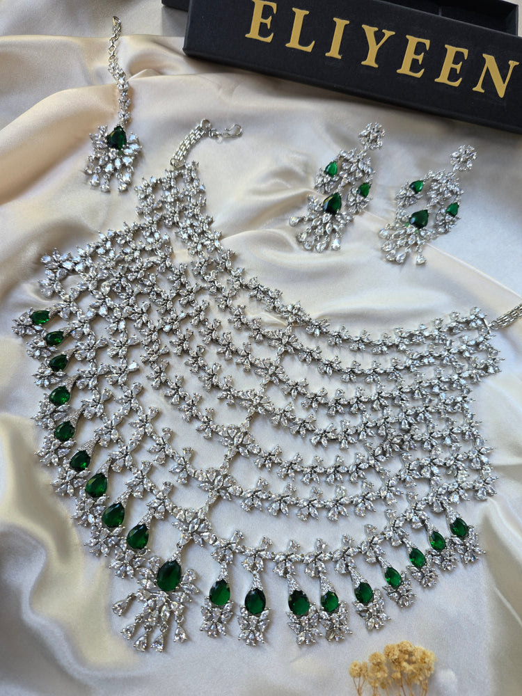 Eisha - Emerald Green Bridal Jewellery Set – Silver Crystal Necklace Earrings Tikka