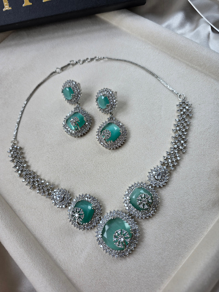 Mint Green Square Quartz Necklace Set with Earrings - Loula
