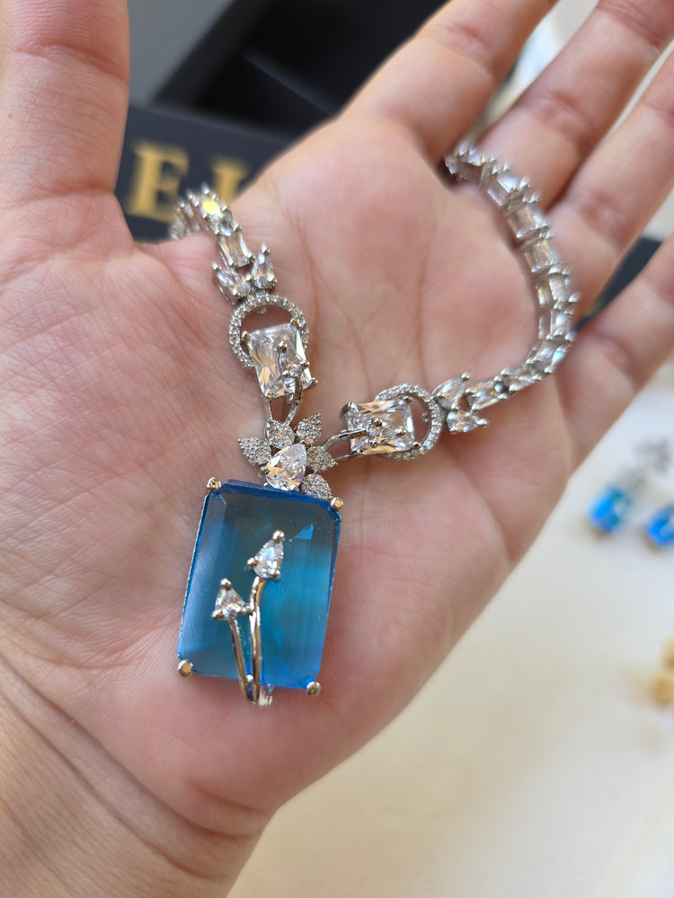 Deep Aquamarine Rectangular Necklace & Earrings Set — Isla