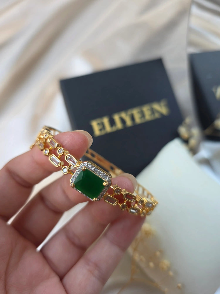 Emerald Green Gold Plated Openable Bangle — Inaya
