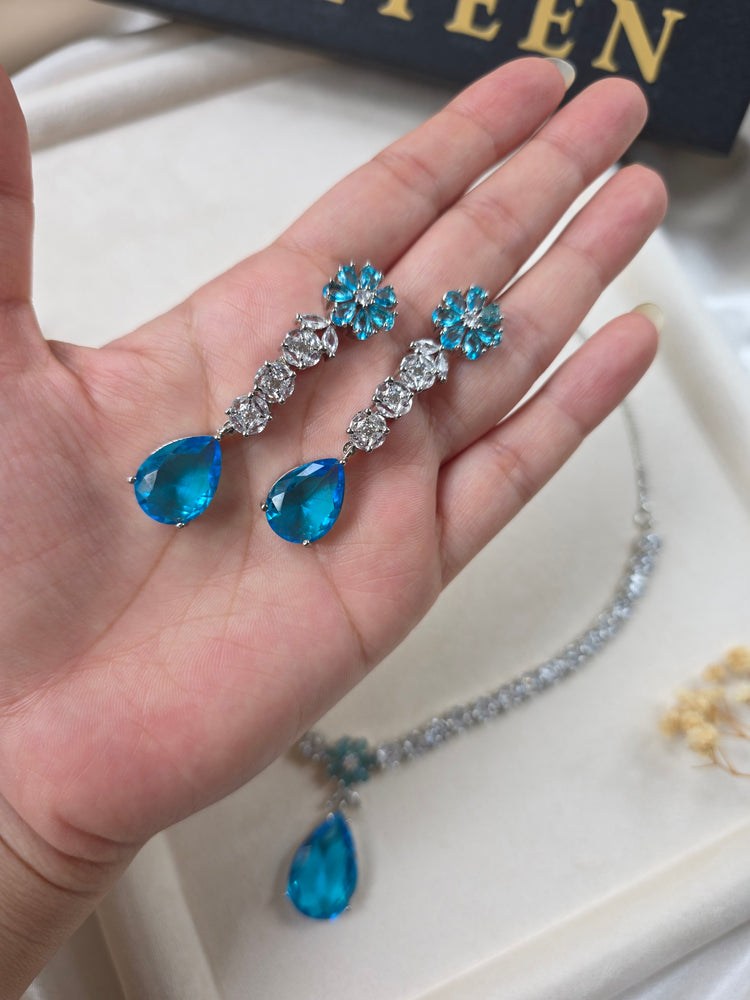 Stunning Deep Aquamarine Necklace Set With Earrings - Elodie