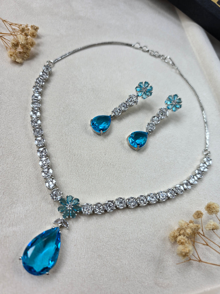 Stunning Deep Aquamarine Necklace Set With Earrings - Elodie