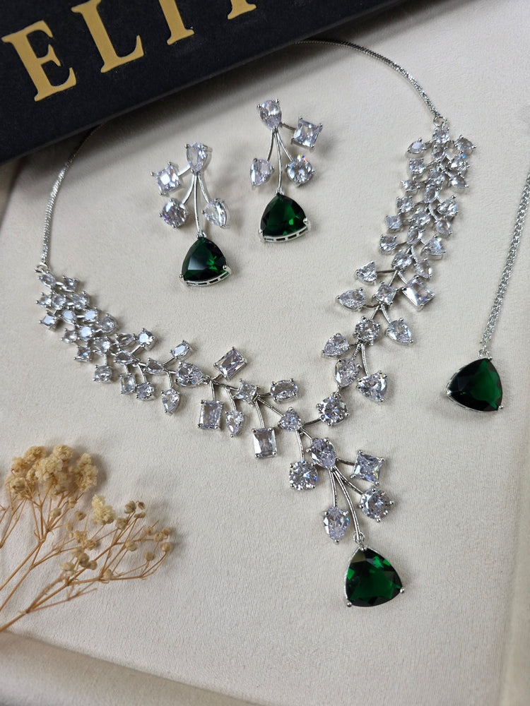 Mona - Deep Emerald Green Necklace Set With Earrings and Tika