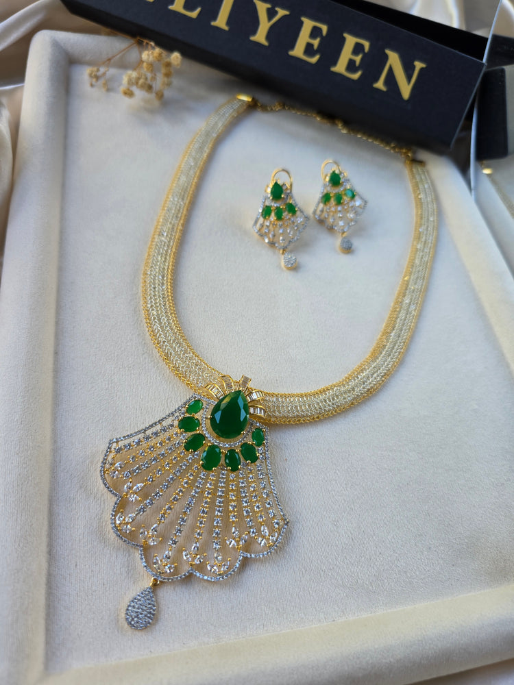 Gold Emerald/Sapphire Statement Pendant Set With Earrings - Prina