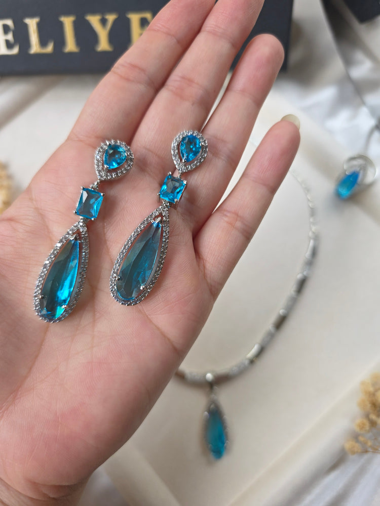 Beautiful Light Aquamarine Necklace Set With Earrings and Ring - Elif