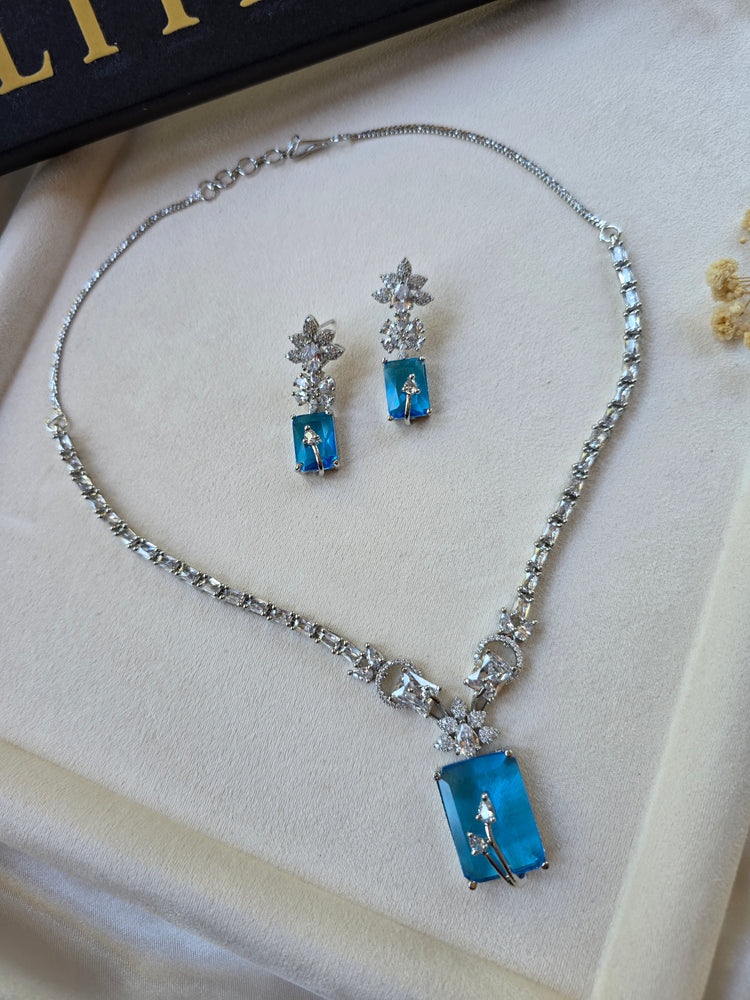 Deep Aquamarine Rectangular Necklace & Earrings Set — Isla