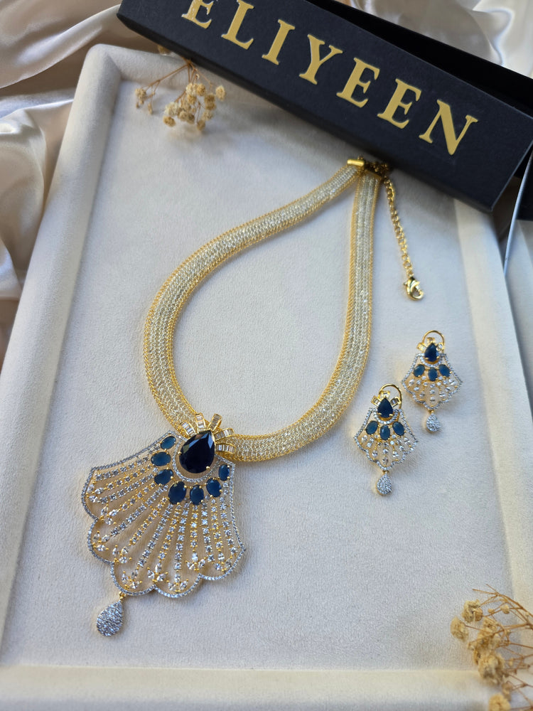 Gold Emerald/Sapphire Statement Pendant Set With Earrings - Prina