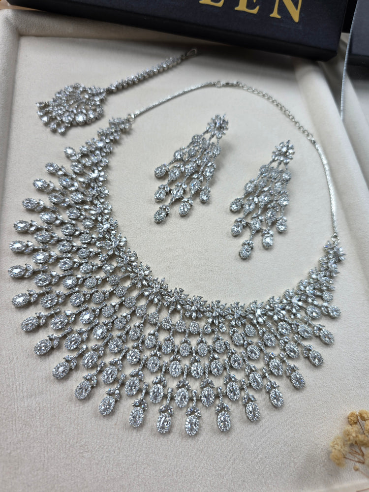 Statement Silver White Cubic Zirconia Necklace Set With Earrings — Marina