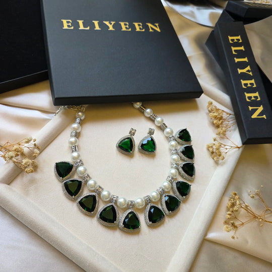 Ivy - Emerald Green Pearls Necklace Set With Earrings