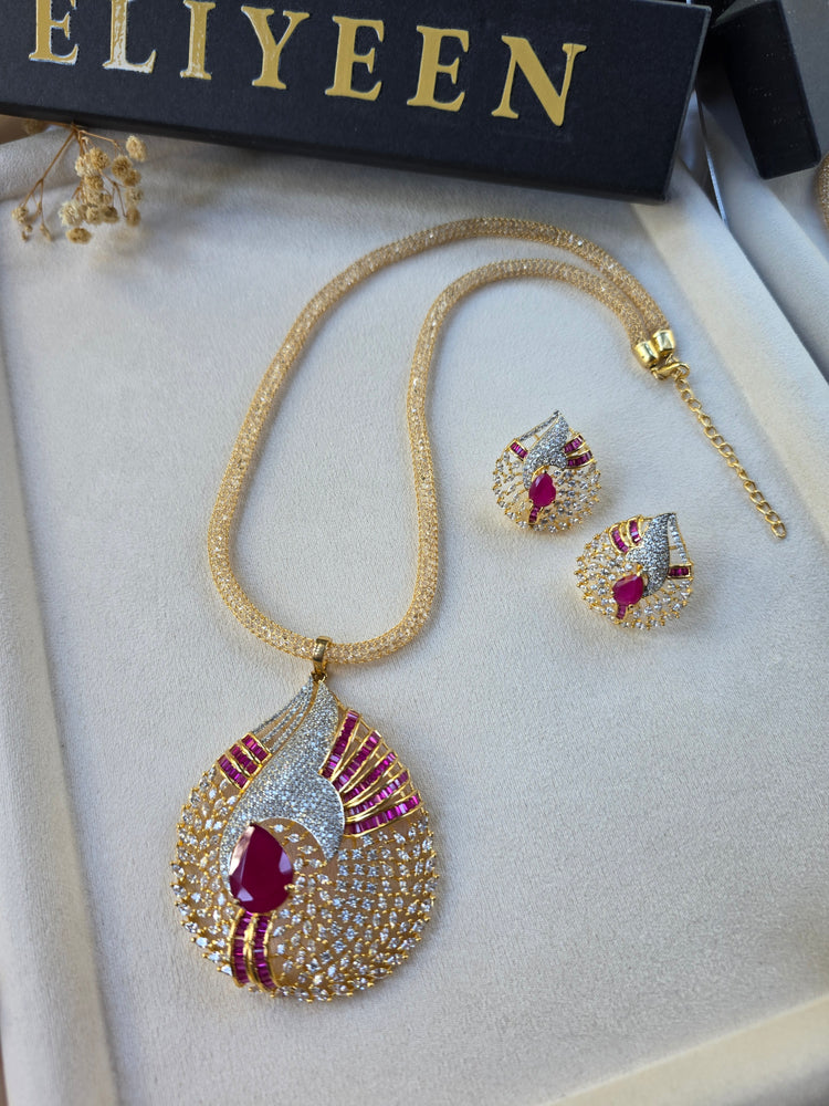 Gold Ruby/Emerald Statement Pendant Set With Earrings - Sila